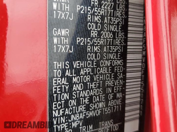 2015 Nissan Juke S with VIN JN8AF5MV0FT551711, listed as a Copart auction lot 51844825 with 57,459 mi miles and Salvage Title. Bid and sale history available at carsss.com. Image 14.