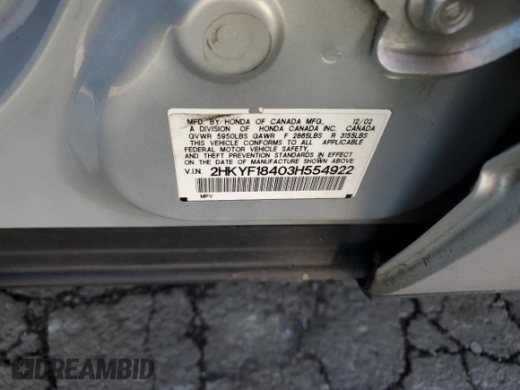 2003 Honda Pilot EX with VIN 2HKYF18403H554922, listed as a Copart auction lot 47303685 with 186,879 mi miles and Salvage Title. Bid and sale history available at DreamBid. Image 14.