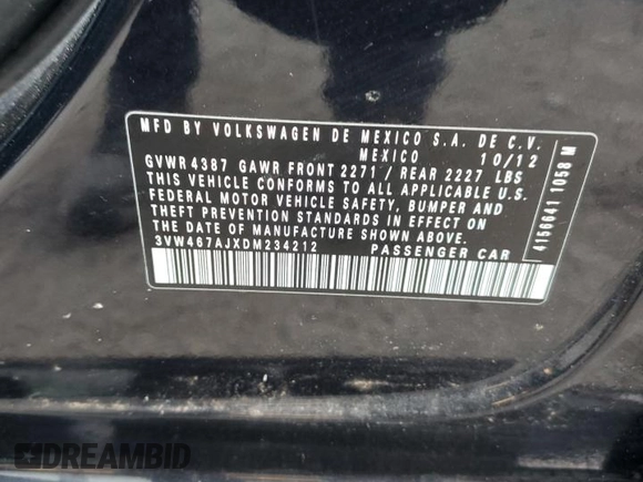 2013 Volkswagen Jetta GLI Autobahn с VIN 3VW467AJXDM234212, выставлен на аукционе Copart как лот 87374954 с пробегом 276 934 миль миль и Списание • Salvage title. История ставок и продаж доступна на DreamBid. Изображение 12.