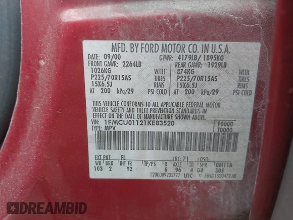 2001 Ford Escape with VIN 1FMCU01121KE83520, listed as a IAAI auction lot 42578099 with 279,085 mi miles and . Bid and sale history available at DreamBid. Image 9.