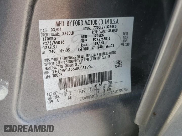 2004 Ford F-150 XLT with VIN 1FTPW14564KC81904, listed as a Copart auction lot 56889925 with Not provided miles and Salvage title. Bid and sale history available at DreamBid. Image 12.