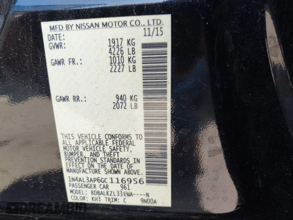 2016 Nissan Altima SR with VIN 1N4AL3AP6GC116956, listed as a IAAI auction lot 42068274 with 148,696 mi miles and . Bid and sale history available at DreamBid. Image 9.