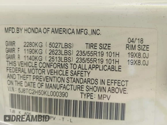 2019 Acura RDX Technology with VIN 5J8TC2H50KL000390, listed as a IAAI auction lot 42420742 with 91,176 mi miles and . Bid and sale history available at DreamBid. Image 9.