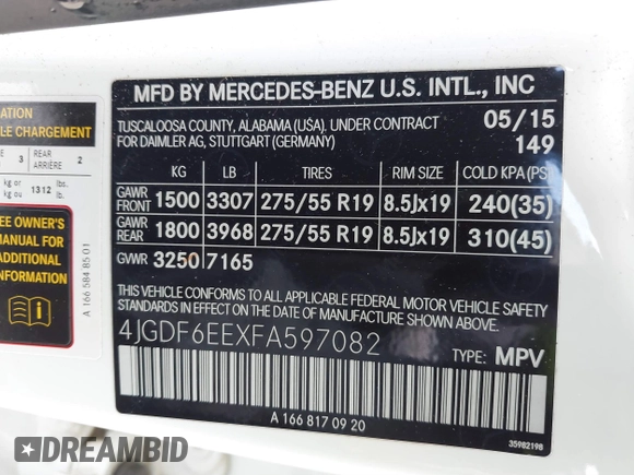 2015 Mercedes-Benz GL-Class GL 450 with VIN 4JGDF6EEXFA597082, listed as a IAAI auction lot 41882798 with 94,340 mi miles. Bid and sale history available at carsss.com. Image 9.