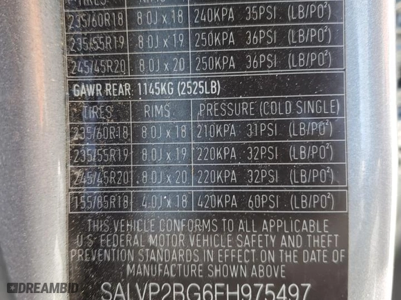 2015 Land Rover Range Rover Evoque Pure Plus with VIN SALVP2BG6FH975497, listed as a Copart auction lot 46933625 with 113,038 mi miles and Salvage Title. Bid and sale history available at carsss.com. Image 14.