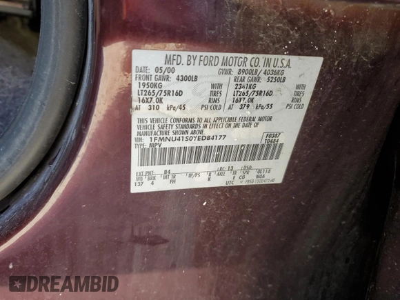 2000 Ford Excursion XLT z VIN 1FMNU41S0YED84177, wystawiony jako Copart lot #70966074 z przebiegiem Nie podano mil oraz Szkoda całkowita • Salvage title. Historia ofert i sprzedaży dostępna na DreamBid. Obrazek 12.