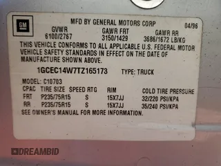1996 Chevrolet Silverado 1500 with VIN 1GCEC14W7TZ165173, listed as a Copart auction lot 86273094 with 168,737 mi miles and Salvage Title. Bid and sale history available at DreamBid. Image 12.