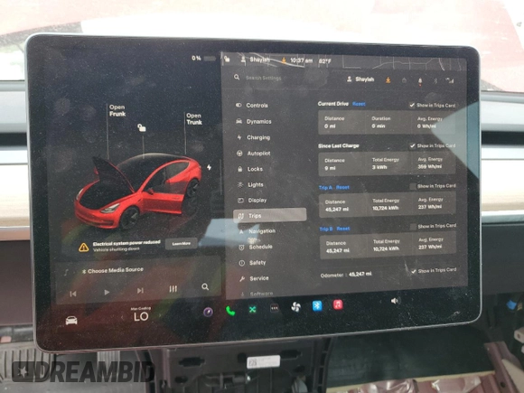 2023 Tesla Model 3 with VIN 5YJ3E1EA5PF567113, listed as a Copart auction lot 53376365 with 45,247 mi miles and Salvage title. Bid and sale history available at DreamBid. Image 9.