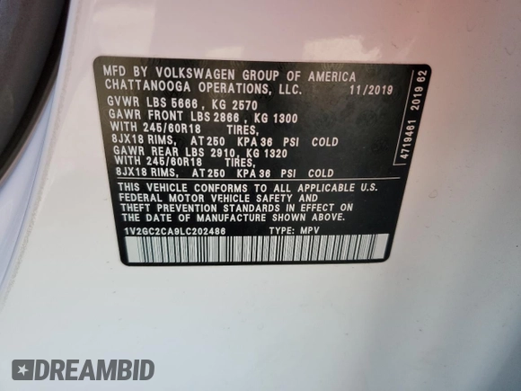 2020 Volkswagen Atlas S z VIN 1V2GC2CA9LC202486, wystawiony jako Copart lot #39170414 z przebiegiem 30 259 mil mil oraz . Historia ofert i sprzedaży dostępna na DreamBid. Obrazek 12.