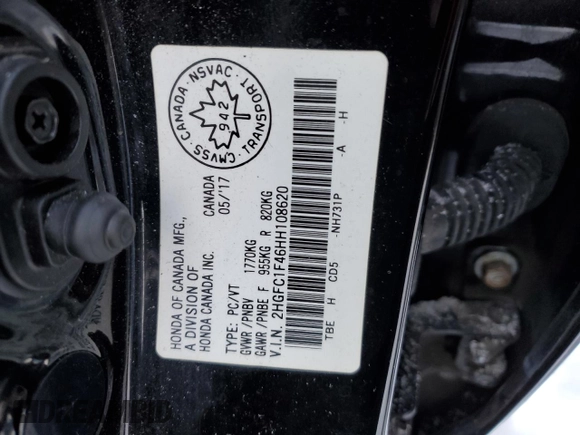 2017 Honda Civic Sedan EX-T with VIN 2HGFC1F46HH108620, listed as a Copart auction lot 45009485 with 340,659 mi miles and Salvage Title. Bid and sale history available at carsss.com. Image 12.