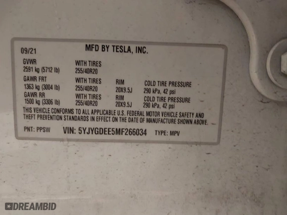 2021 Tesla Model Y Long Range with VIN 5YJYGDEE5MF266034, listed as a IAAI auction lot 41297819 with NaN miles. Bid and sale history available at carsss.com. Image 9.