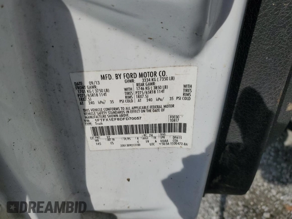 2013 Ford F-150 XL z VIN 1FTFX1EF8DFD70057, wystawiony jako Copart lot #55306415 z przebiegiem Nie podano mil oraz Szkoda całkowita • Salvage title. Historia ofert i sprzedaży dostępna na DreamBid. Obrazek 12.
