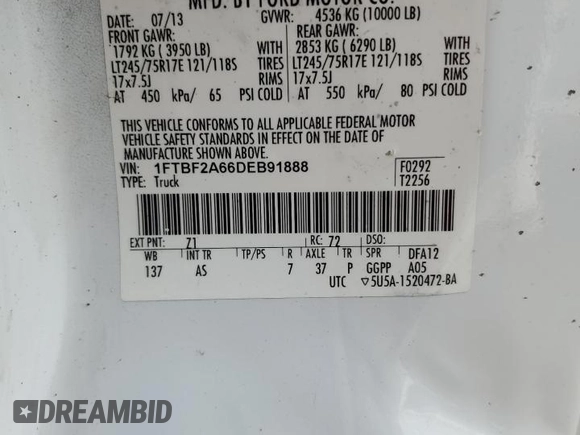 2013 Ford F-250 XL with VIN 1FTBF2A66DEB91888, listed as a Copart auction lot 44631815 with 276,539 mi miles and Clean title. Bid and sale history available at DreamBid. Image 12.