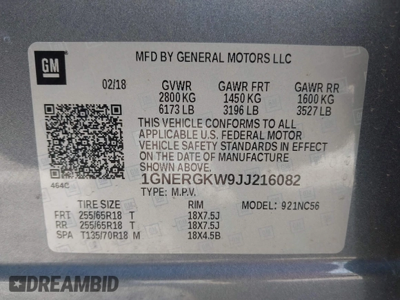 2018 Chevrolet Traverse LT Cloth with VIN 1GNERGKW9JJ216082, listed as a IAAI auction lot 41880608 with 130,084 mi miles and . Bid and sale history available at DreamBid. Image 9.
