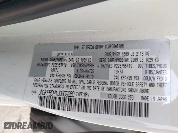 2018 Mazda CX-5 Grand Touring with VIN JM3KFBDM1J0309260, listed as a IAAI auction lot 42247237 with Not Provided miles and . Bid and sale history available at DreamBid. Image 9.