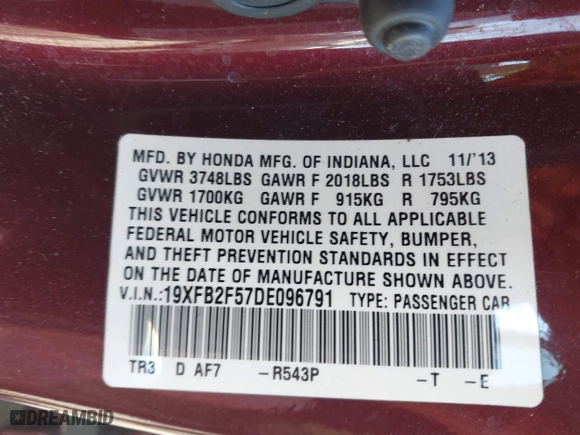2013 Honda Civic Sdn LX with VIN 19XFB2F57DE096791, listed as a IAAI auction lot 41863226 with 78,173 mi miles. Bid and sale history available at carsss.com. Image 9.