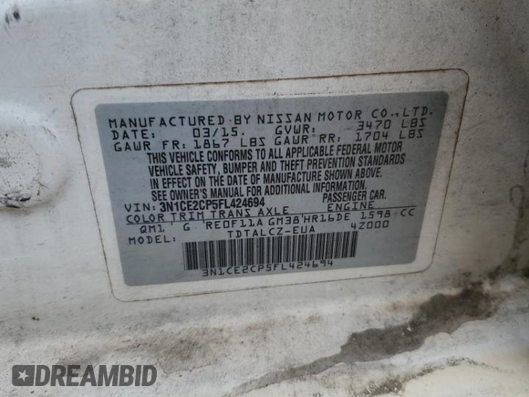 2015 Nissan Note S with VIN 3N1CE2CP5FL424694, listed as a Copart auction lot 62376725 with 159,996 mi miles and Clean title. Bid and sale history available at DreamBid. Image 12.