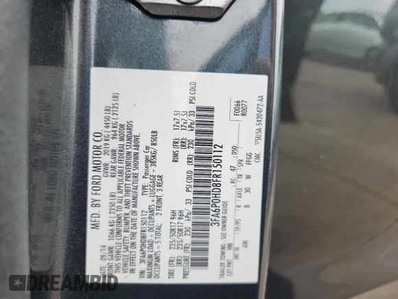 2015 Ford Fusion SE with VIN 3FA6P0HD8FR150112, listed as a Copart auction lot 62502395 with 147,964 mi miles and Clean title. Bid and sale history available at DreamBid. Image 12.