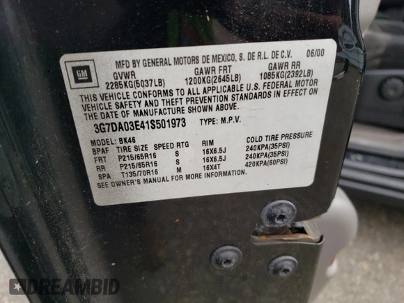 2001 Pontiac Aztek GT z VIN 3G7DA03E41S501973, wystawiony jako Copart lot #79440134 z przebiegiem 148 866 mil mil oraz Czysty tytuł • Clean title. Historia ofert i sprzedaży dostępna na DreamBid. Obrazek 13.