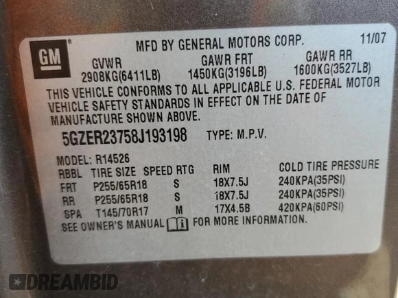 2008 Saturn Outlook XR z VIN 5GZER23758J193198, wystawiony jako Copart lot #49411915 z przebiegiem 151 966 mil mil oraz Szkoda całkowita • Salvage title. Historia ofert i sprzedaży dostępna na DreamBid. Obrazek 16.