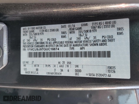2016 Ford Escape Titanium with VIN 1FMCU9J97GUC18874, listed as a Copart auction lot 48399245 with 138,133 mi miles and Salvage Title. Bid and sale history available at DreamBid. Image 12.