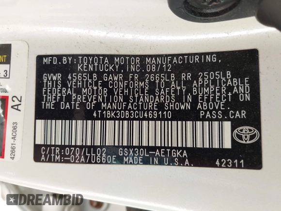 2012 Toyota Avalon with VIN 4T1BK3DB3CU469110, listed as a IAAI auction lot 42222342 with 60,054 mi miles and . Bid and sale history available at DreamBid. Image 9.
