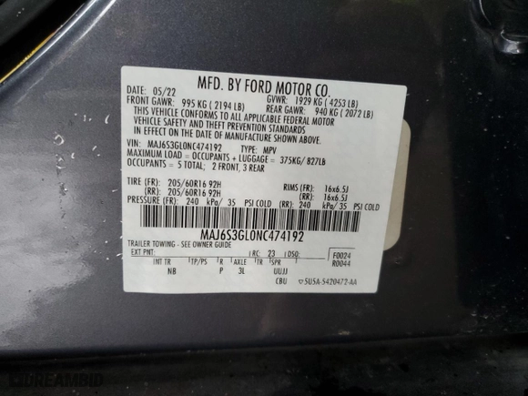 2022 Ford EcoSport SE with VIN MAJ6S3GL0NC474192, listed as a Copart auction lot 84831144 with 0 mi miles and Salvage Title. Bid and sale history available at carsss.com. Image 13.