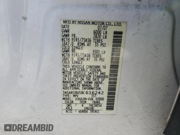 2008 Nissan Pathfinder SE with VIN 5N1AR18U58C616242, listed as a Copart auction lot 43702815 with 206,695 mi miles and Salvage Title. Bid and sale history available at carsss.com. Image 14.