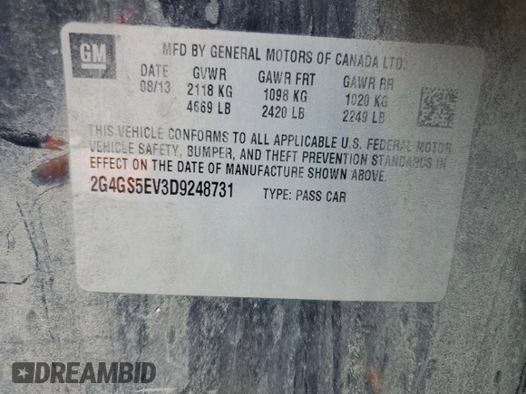2013 Buick Regal Turbo Premium 1 with VIN 2G4GS5EV3D9248731, listed as a Copart auction lot 58716305 with 93,589 mi miles and Salvage title. Bid and sale history available at DreamBid. Image 12.