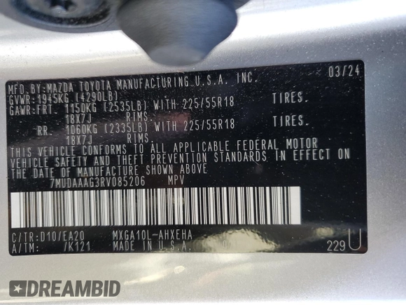 2024 Toyota Corolla Cross XLE с VIN 7MUDAAAG3RV085206, выставлен на аукционе Copart как лот 46129215 с пробегом 16 472 миль миль и Списание • Salvage title. История ставок и продаж доступна на DreamBid. Изображение 14.
