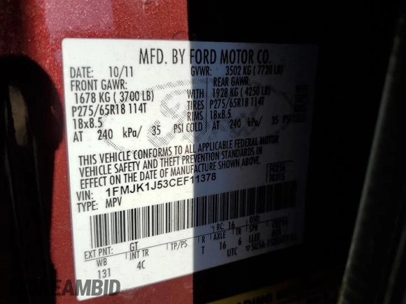 2012 Ford Expedition Max King Ranch z VIN 1FMJK1J53CEF11378, wystawiony jako Copart lot #68912064 z przebiegiem 230 547 mil mil oraz Szkoda całkowita • Salvage title. Historia ofert i sprzedaży dostępna na DreamBid. Obrazek 14.