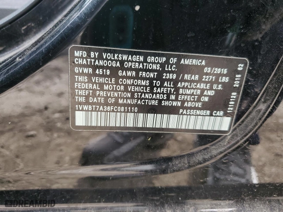 2015 Volkswagen Passat 1.8T Sport with VIN 1VWBT7A36FC081110, listed as a Copart auction lot 51489835 with 211,476 mi miles and Clean Title. Bid and sale history available at carsss.com. Image 12.
