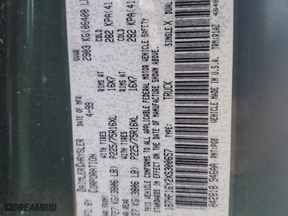 1999 Dodge Ram 1500 with VIN 1B7HF16Y2XS300657, listed as a Copart auction lot 45932115 with 0 mi miles and Salvage Title. Bid and sale history available at carsss.com. Image 12.