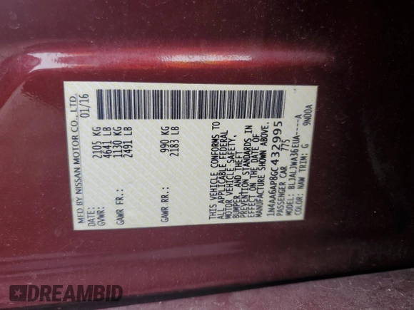 2016 Nissan Maxima SV with VIN 1N4AA6AP8GC432995, listed as a Copart auction lot 58431485 with 128,386 mi miles and Salvage title. Bid and sale history available at DreamBid. Image 12.