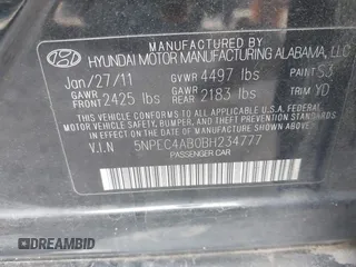 2011 Hyundai Sonata Limited with VIN 5NPEC4AB0BH234777, listed as a IAAI auction lot 40724002 with 146,903 mi miles and . Bid and sale history available at carsss.com. Image 9.
