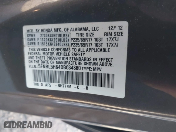 2013 Honda Odyssey EX-L with VIN 5FNRL5H64DB034860, listed as a IAAI auction lot 42013204 with 104,314 mi miles and . Bid and sale history available at carsss.com. Image 9.