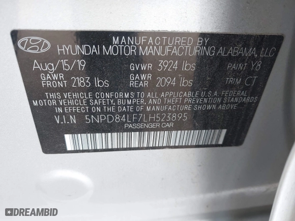2020 Hyundai Elantra SEL with VIN 5NPD84LF7LH523895, listed as a IAAI auction lot 40605847 with 42,730 mi miles. Bid and sale history available at carsss.com. Image 9.