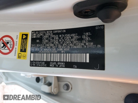 2010 Toyota Highlander z VIN JTEZK3EH0A2105589, wystawiony jako Copart lot #56600275 z przebiegiem 119 235 mil mil oraz Szkoda całkowita • Salvage title. Historia ofert i sprzedaży dostępna na DreamBid. Obrazek 12.