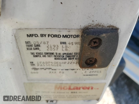 1987 Ford Mustang with VIN 1FABP40E6HF228235, listed as a Copart auction lot 76833284 with 95,222 mi miles and Salvage title. Bid and sale history available at DreamBid. Image 12.