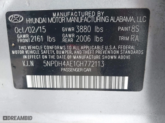2016 Hyundai Elantra SE with VIN 5NPDH4AE1GH772113, listed as a IAAI auction lot 41650989 with 100,634 mi miles. Bid and sale history available at carsss.com. Image 9.