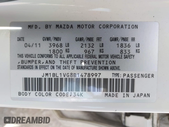 2011 Mazda 3 i Touring with VIN JM1BL1VG8B1478997, listed as a IAAI auction lot 41945998 with 111,784 mi miles and . Bid and sale history available at DreamBid. Image 9.