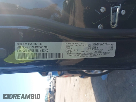 2021 Jeep Compass Limited with VIN 3C4NJDCB0MT575716, listed as a IAAI auction lot 40622338 with 47,057 mi miles and . Bid and sale history available at carsss.com. Image 9.