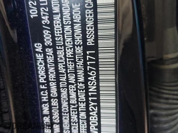 2022 Porsche Taycan 4 z VIN WP0BA2Y11NSA67171, wystawiony jako Copart lot #59885844 z przebiegiem 22 760 mil mil oraz Szkoda całkowita • Salvage title. Historia ofert i sprzedaży dostępna na DreamBid. Obrazek 12.