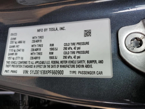 2023 Tesla Model 3 Long Range with VIN 5YJ3E1EBXPF660900, listed as a Copart auction lot 48923265 with 9,954 mi miles and Salvage Title. Bid and sale history available at DreamBid. Image 14.