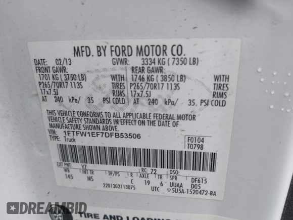 2013 Ford F-150 XL with VIN 1FTFW1EF7DFB53506, listed as a IAAI auction lot 41478503 with 156,269 mi miles. Bid and sale history available at carsss.com. Image 9.