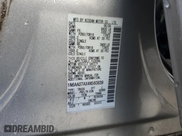 2004 Nissan Titan SE with VIN 1N6AA07AX4N560839, listed as a Copart auction lot 78515294 with 201,134 mi miles and Salvage title. Bid and sale history available at DreamBid. Image 13.