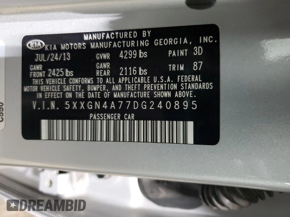 2013 Kia Optima EX with VIN 5XXGN4A77DG240895, listed as a Copart auction lot 54431955 with 28,060 mi miles and Clean title. Bid and sale history available at DreamBid. Image 12.
