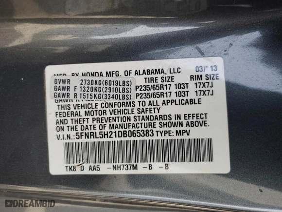 2013 Honda Odyssey LX with VIN 5FNRL5H21DB065383, listed as a Copart auction lot 49491005 with 171,503 mi miles and Salvage Title. Bid and sale history available at carsss.com. Image 13.