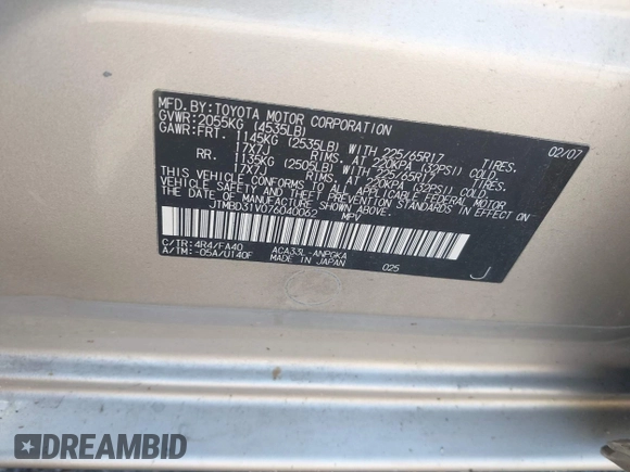2007 Toyota RAV4 Limited z VIN JTMBD31V076040062, wystawiony jako IAAI lot #42595901 z przebiegiem 220 143 mil mil oraz . Historia ofert i sprzedaży dostępna na DreamBid. Obrazek 9.