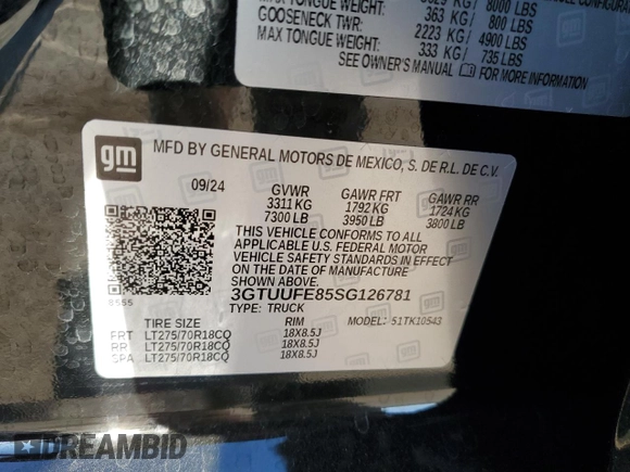 2025 GMC Sierra 1500 with VIN 3GTUUFE85SG126781, listed as a Copart auction lot 42742695 with 2,365 mi miles and Salvage Title. Bid and sale history available at DreamBid. Image 12.